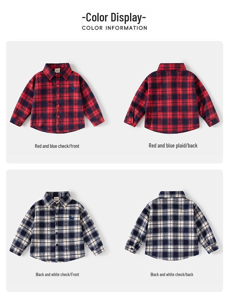 2026 Spring Kids' Blue Plaid Embroidered Long Sleeve Shirt for Boys