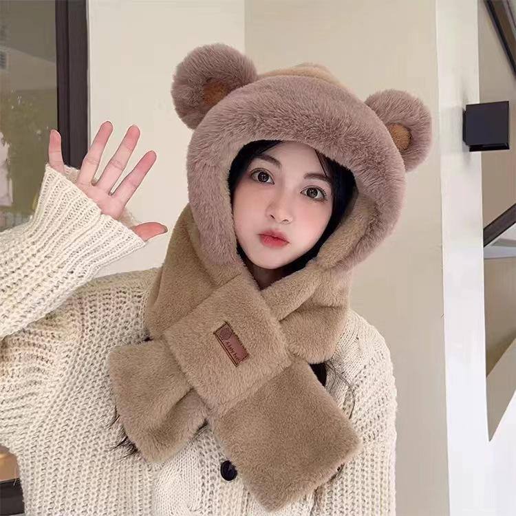 Plush Hat and Scarf All in one Women's Autumn and Winter Outdoor Cycling Thickened Warm Windproof Ear Protection Cute Bear Two Piece Set