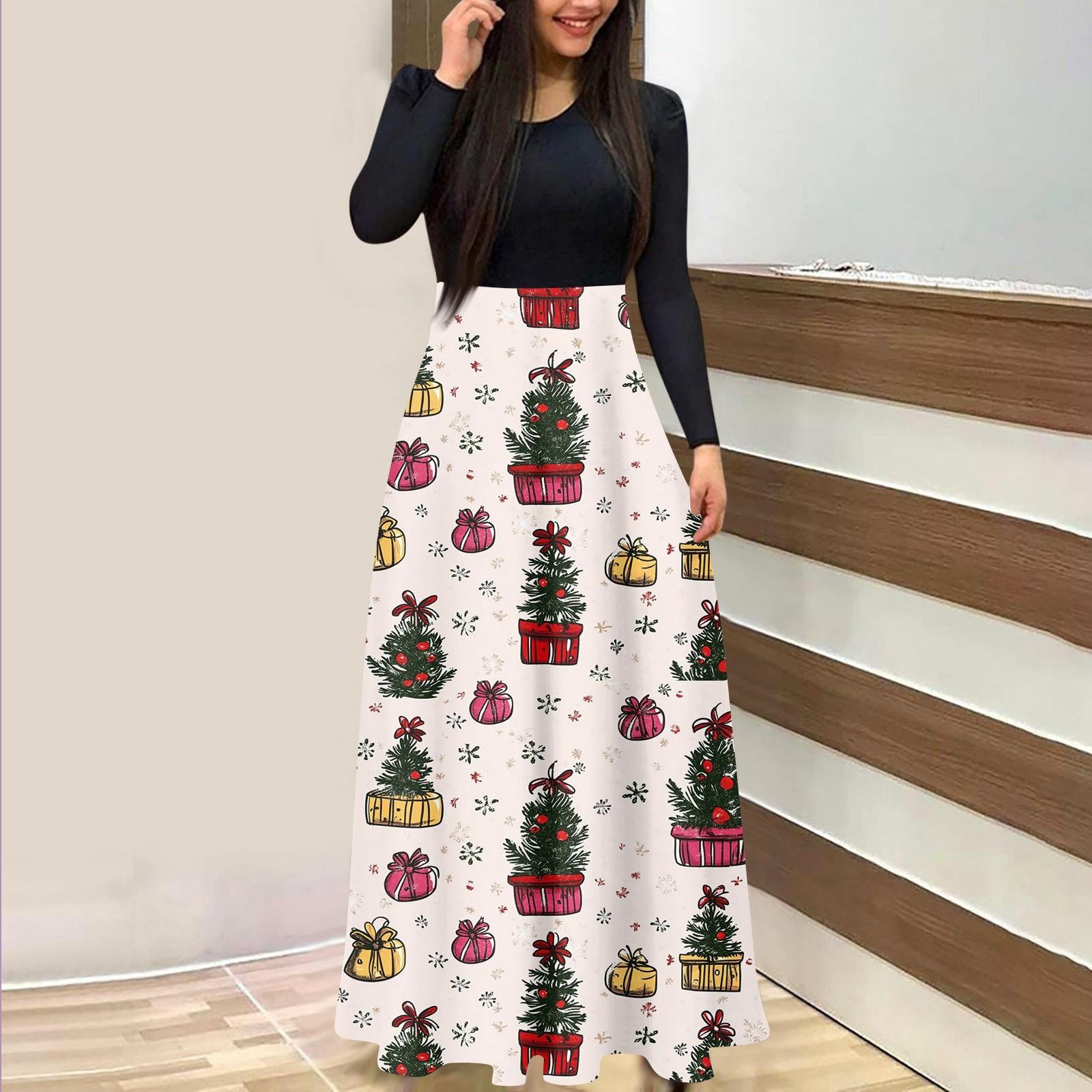 

Женское модное повседневное платье с рождественским принтом, круглым вырезом и длинными рукавами XL белый