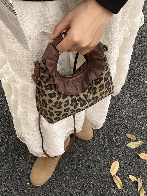 Mädchen Umhängetasche mit Leopardenmuster und Spitze - Neuer koreanischer Retro-Stil für Herbst/Winter 2025