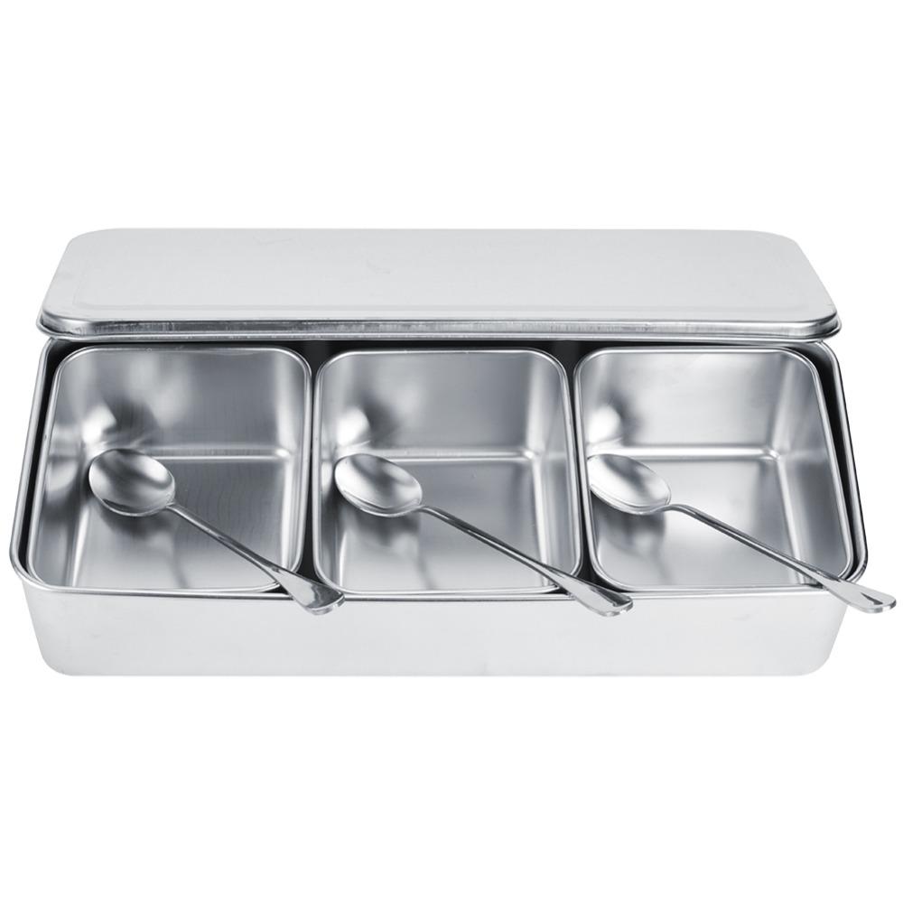 With Lids Stainless Steel Seasoning Box 3 Compartment Condiment Container Box  For Restaurant