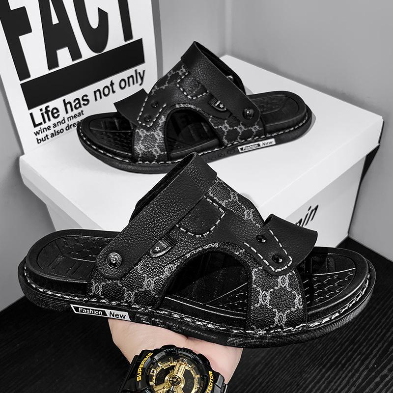 Premium Leather Sandals Summer Fashion Trend New Dual-purpose Driving Foot Cover One-word Drag Men's Travel Beach Shoes