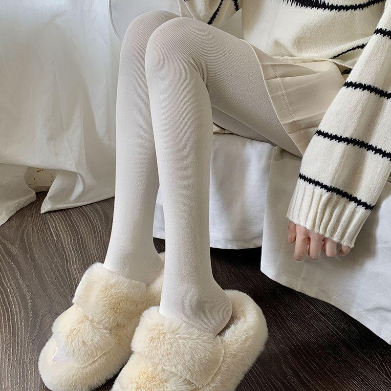 Women's High-Waist Cotton Leggings - Thick, Velvet-Lined, Stirrup Tights In Milk White & Beige for Autumn/Winter