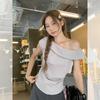 Korean Pure Desire Lapel Pleated Off-shoulder Slanted Shoulder Short-sleeved T-shirt Women's Summer New Irregular Design Top
