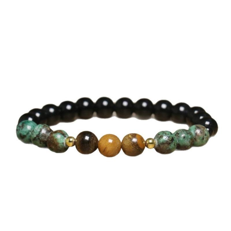 Turquoise Tiger's Eye Beaded Bracelet – Black Onyx Gold Accent Protection Jewelry, Men's Grounding Gift