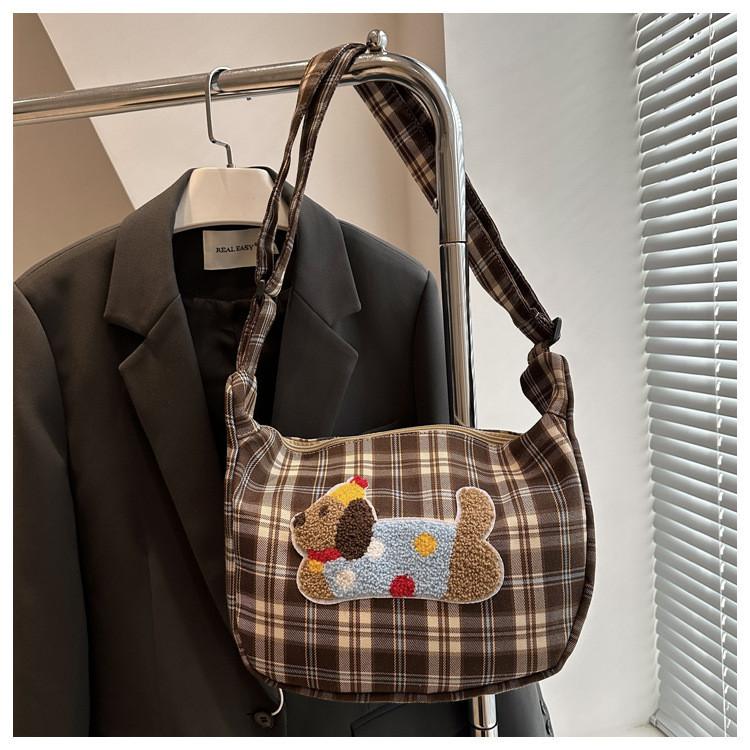 Chic Urban Minimalist Plaid Canvas Handbag Soft Shoulder Bag For Everyday Use In Three Colors