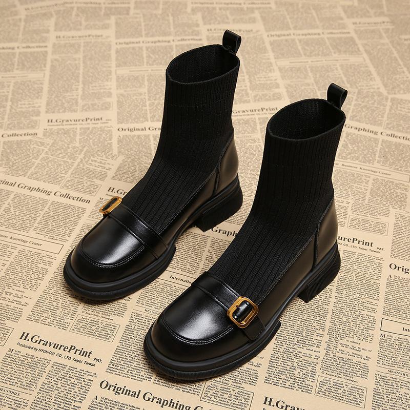 Leather elastic socks boots women's new spring and autumn single boots knitted socks boots thin fried street short boots