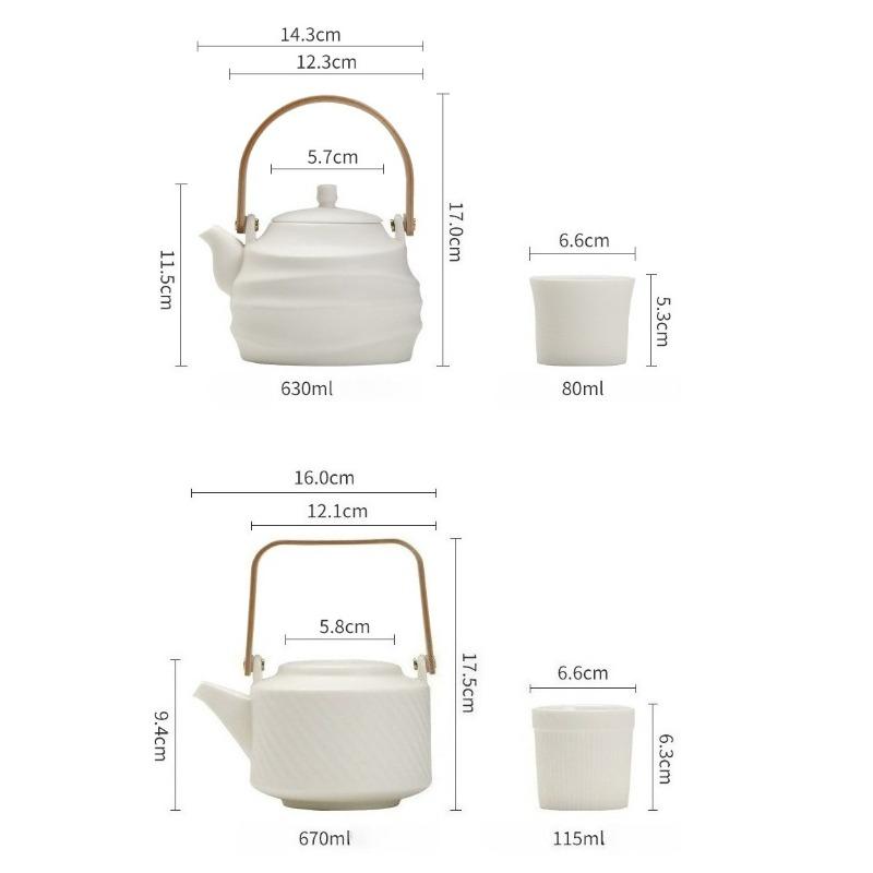 Modern Chinese Tea Set, 600ml Ceramic Beam Teapot with Stainless Steel Infuser and 6 Cups, Bamboo Handle Matte Teapots Hot Tea for Home Party