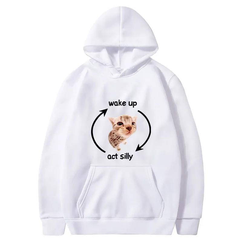 Wake Up Act Silly Meme Graphic New Women Unisex Hoodies Funny Cute Cat Printing Casual Sweatshirt 