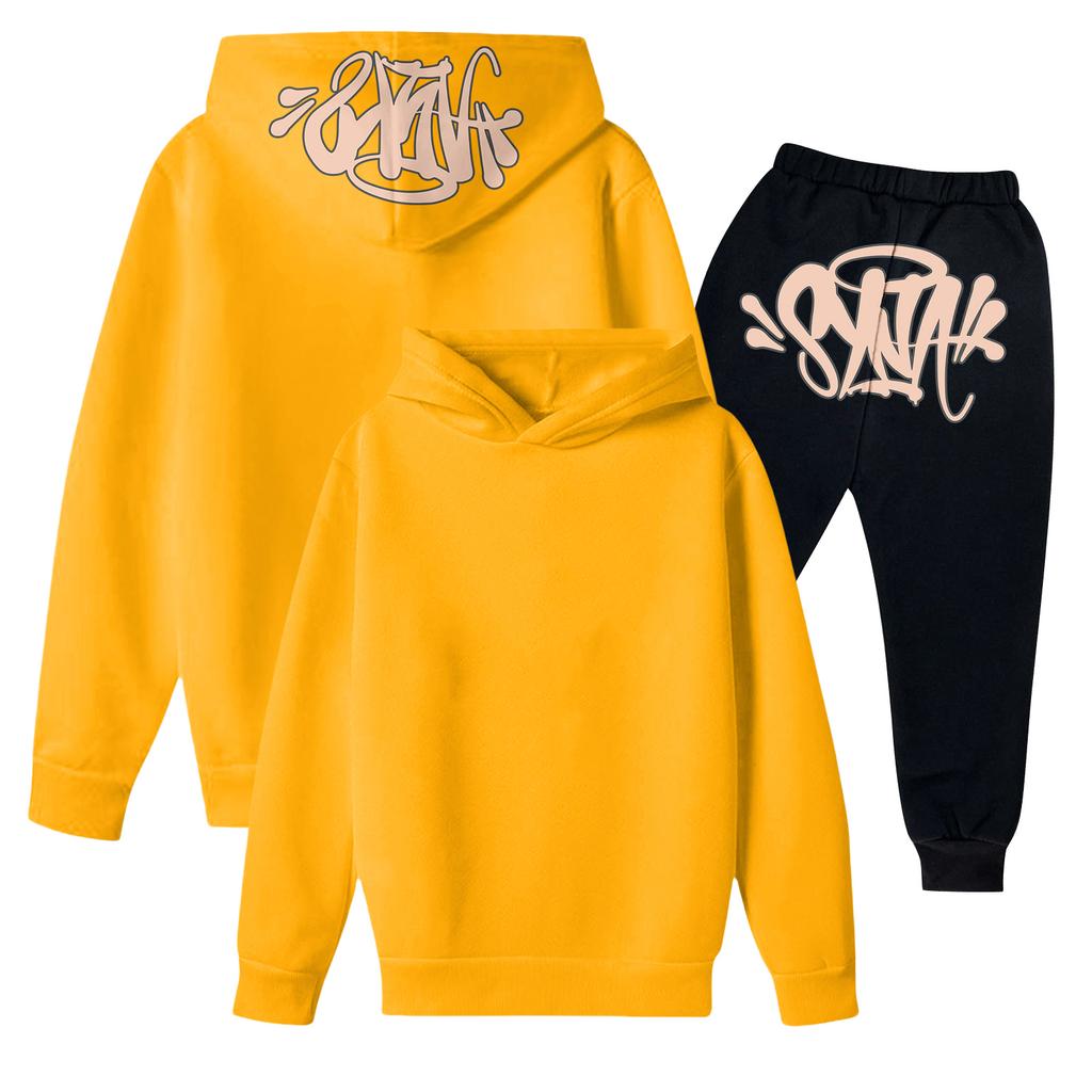 Kids' Long Sleeve Loose Pullover Letter Print Drawstring Hooded Sweatshirt Set