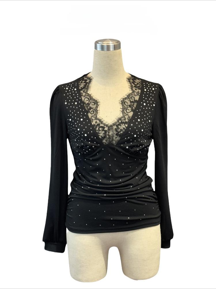 Women V Neck Lace Spliced T Shirt Rhinestone Ruffle Side Solid Color Fashion Spring Summer Top