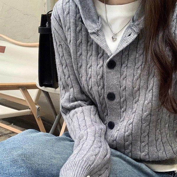 Chic Korean Cable Knit Hooded Cardigan - Women's Versatile Long Sleeve Sweater Coat for Autumn & Winter