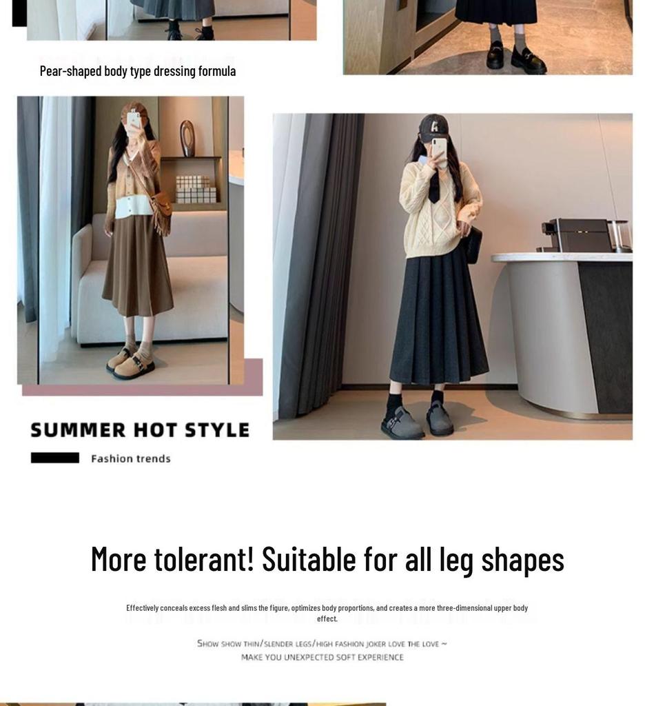 2024 New High Waist Black Woolen Pleated Midi Skirt for Autumn/Winter