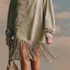 2026 New Retro Tassel Long Sleeve Suede Dress with High Collar