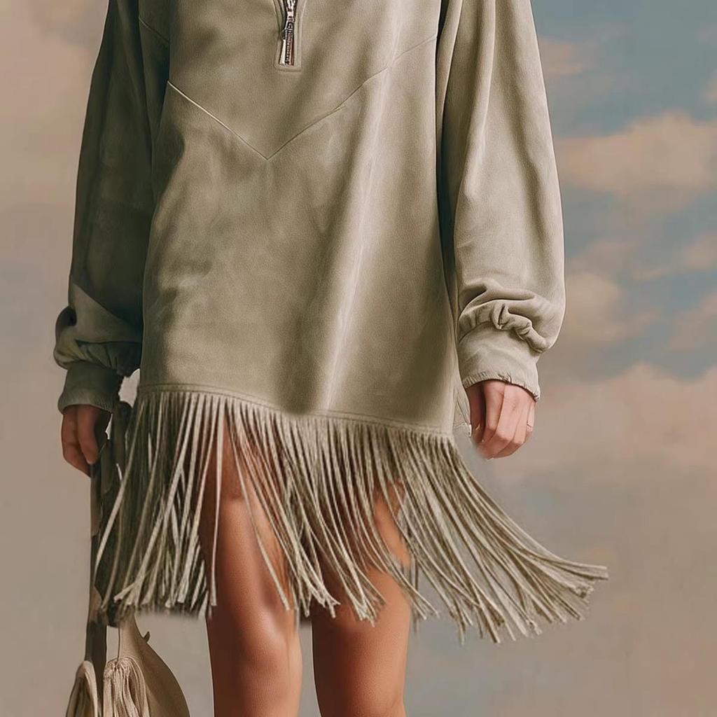 2026 New Retro Tassel Long Sleeve Suede Dress with High Collar