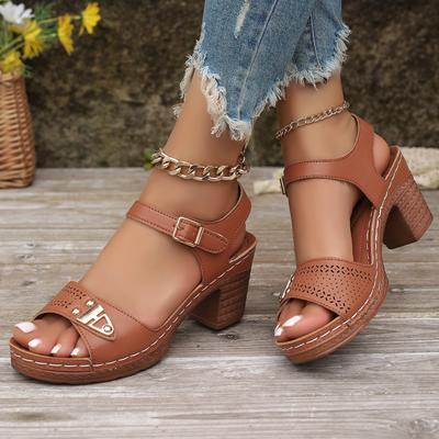 Mode Runde Spitze Metallschnalle Zehenfrei Absatzschuhe Sommer Neue Mode Mittelhoher Absatz Weiche Sohle Steppnähte Absatzschuhe
