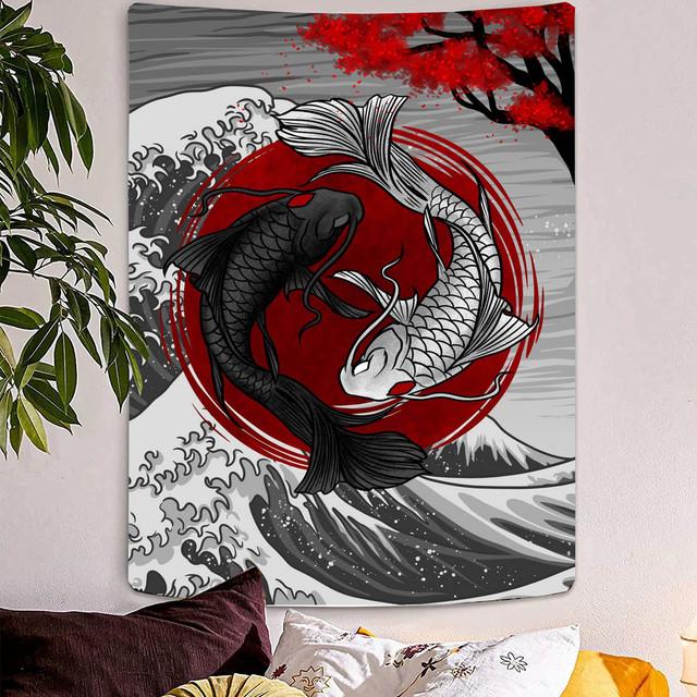 Arazzo giapponese Monte Fuji La Grande Onda Decorazioni da appendere a parete Fiore di ciliegio Boho Decorazioni per la casa Arazzi bianchi e neri