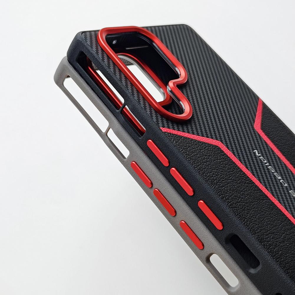 Red Spliced Carbon Fiber Leather Phone Case For ZTE Nubia RedMagic 11 Pro+ RedMagic11 Pro Lens Heightening Protects Camera Cover