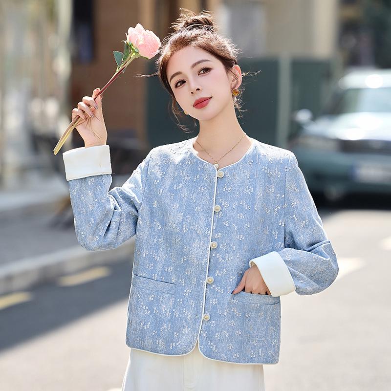 

2025 Spring Women s Retro Sequin Round Neck Jacket HE5011 S (approx. 45-55kg) светло-синий