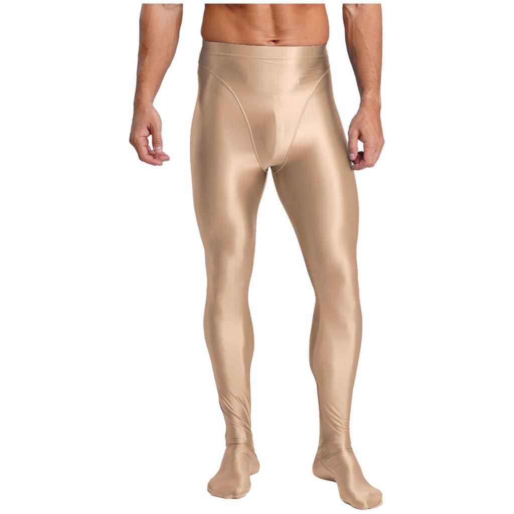 Mens Glossy Stretchy High Waist Fake Two Piece Tights Pants Leggings Yoga Wear