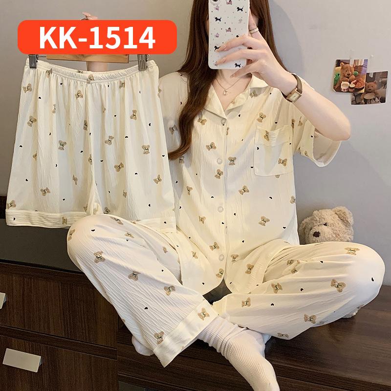 Retro Small Floral High-End Wrinkled Cloth Pajamas Women'S Summer Casual Homewear Short-Sleeved Three-Piece Set