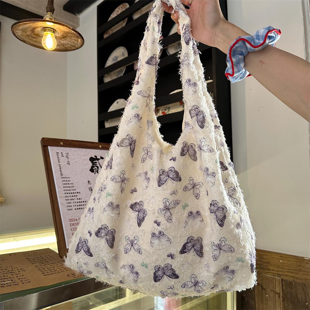 Trendy Lace Butterfly Canvas Tote Bag For Women With Large Capacity For Daily Use