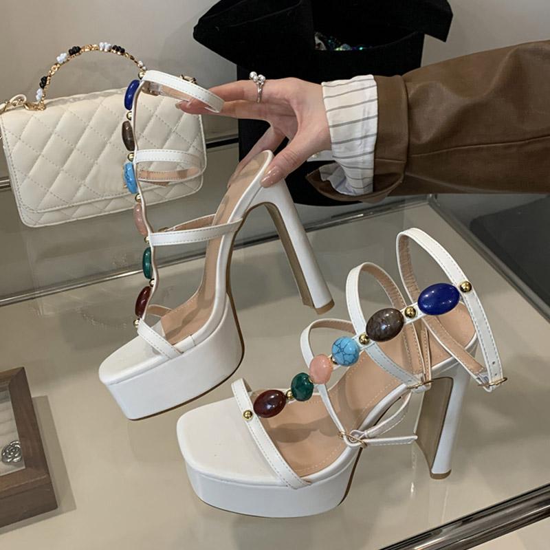 Liyke Fashion Design Colour Gem Ankle Strap Women Chunky Platform Sandals Summer Square Toe Super High Heels Wedding Prom Shoes