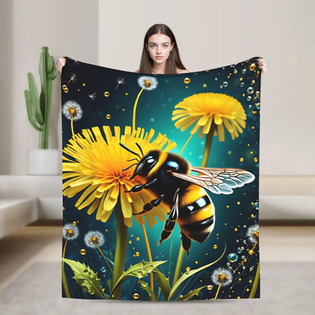 Bee and Flowers Flannel Blanket Adults Child Warm Bedding Throws Winter Home Decor Bedspread Sofa Bed Cover