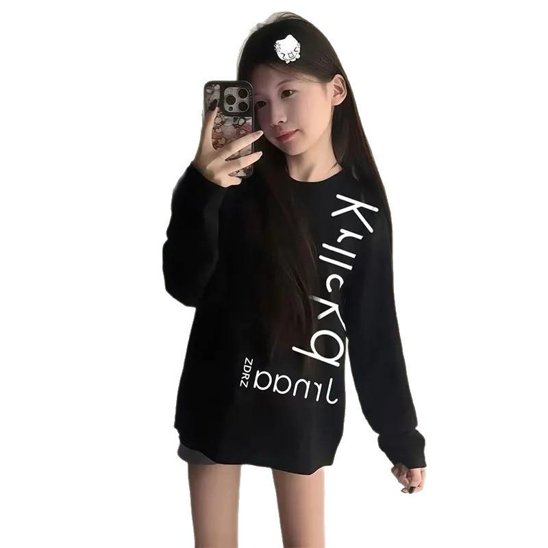 Unisex Retro Oversized Korean-Style Letter Long Sleeve T-shirt