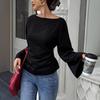 Spring Summer New Women's Solid Color Waist Cinched Boat Neck Flared Long Sleeve T-shirt Casual Fashion Streetwear Top