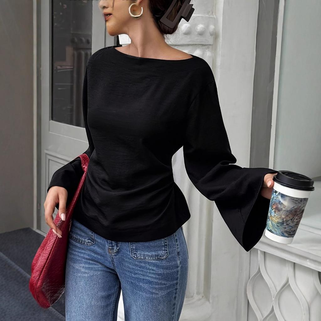 Spring Summer New Women's Solid Color Waist Cinched Boat Neck Flared Long Sleeve T-shirt Casual Fashion Streetwear Top