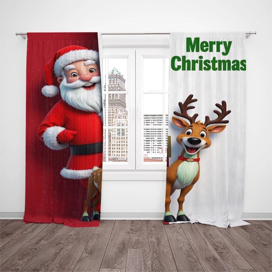 Set Of 2 Jit Cartoonish Santa Reindeer Curtain Design Polyester Christmas Window Decor With Rod Pocket Light Blocking