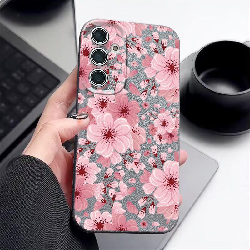 Pink Peach Blossom Case For Samsung S26 Ultra S25 Edge S24 S23 Plus S22 S21 FE A15 A16 A17 A35 A36 A54 A55 A56 A57 5G Leather Texture Soft Cover