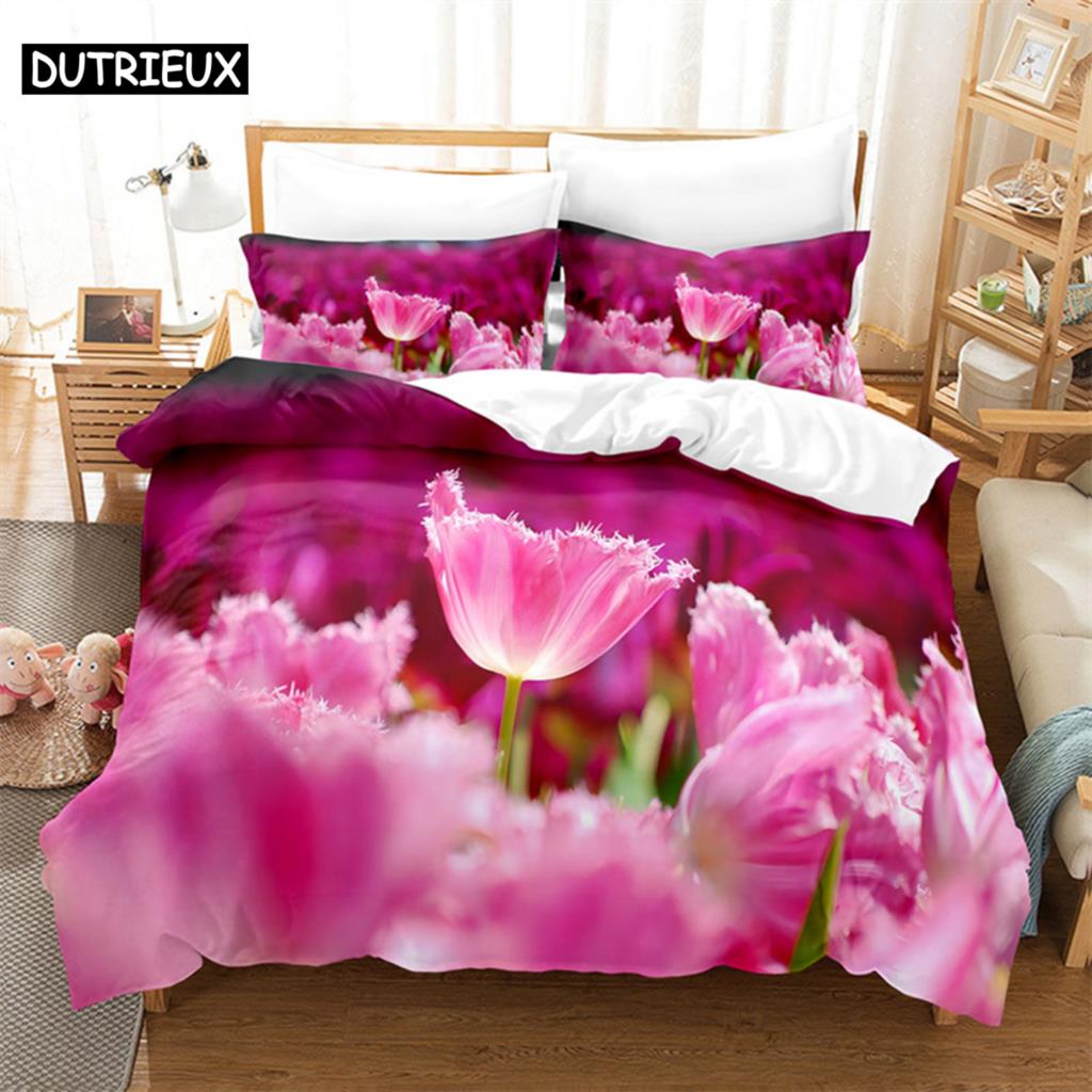 Butterfly Tulip Queen Bedding Set Duvet Cover Kids Bedroom Bed Set Comforter Cover Set King Size Duvet Cover Set Bedding Sets