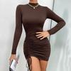Women's Sexy Slimming Drawstring Long Sleeve Dress with Round and Half-High Neck