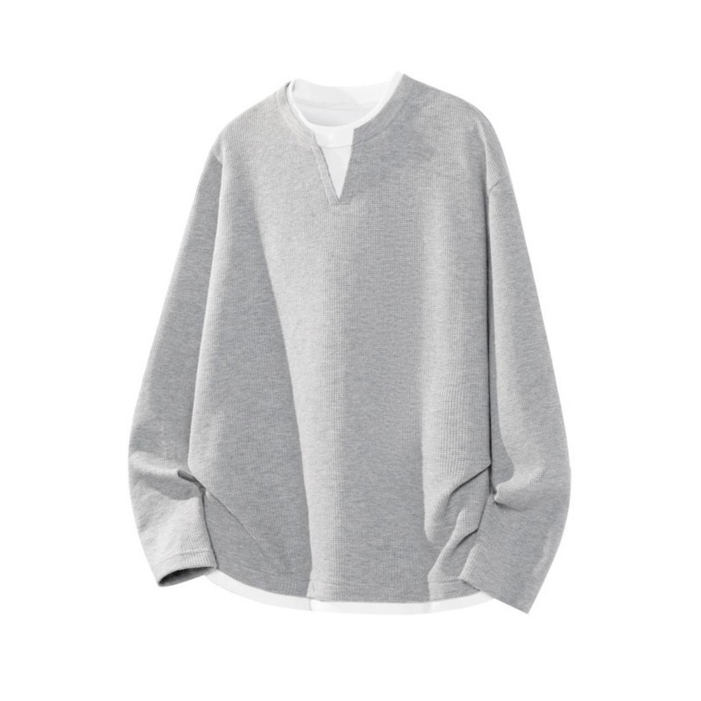 Fake Two Long Sleeved T-shirts, Men's Spring and Autumn Trend, Waffle Style Loose Fit, Bottom Layer, Simple Casual Top