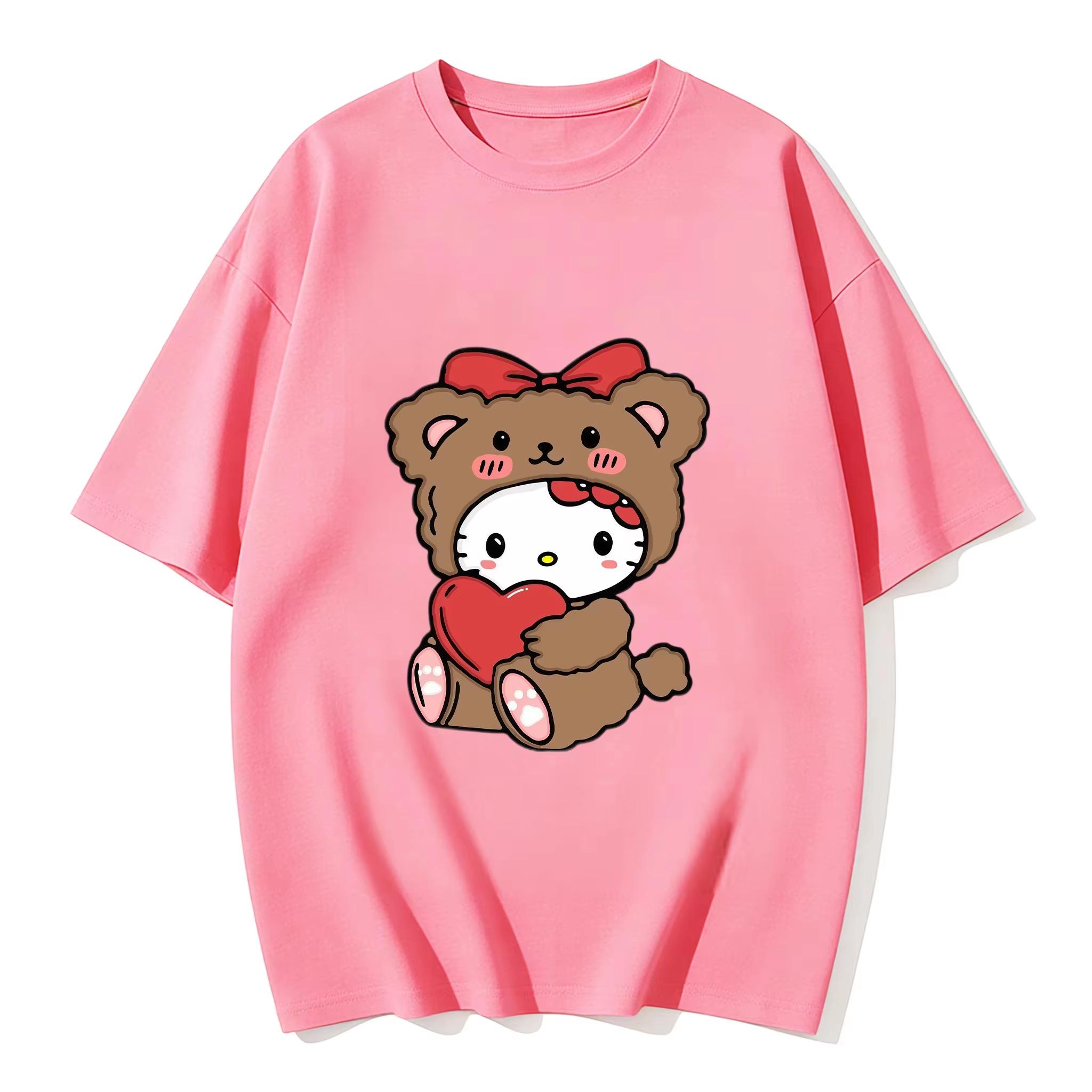 

2026 New Summer HelloKitty Cute Graphic Tee Casual Short Sleeve Cotton Top for Women Girls Kawaii Cartoon Print Streetwear S