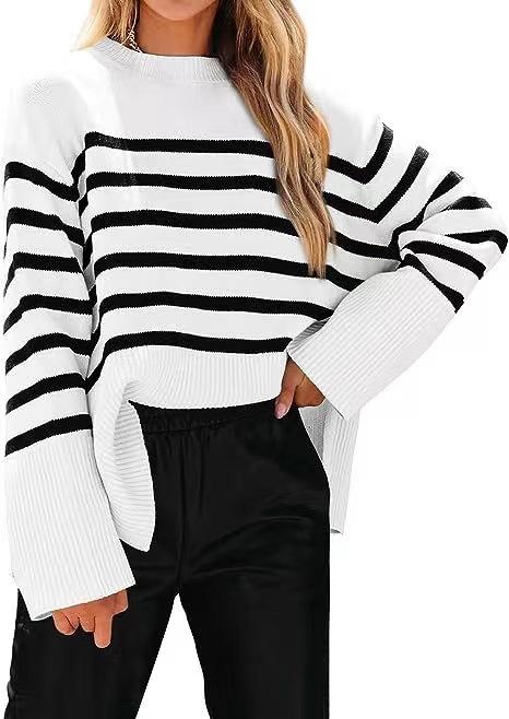 Autumn and Winter Hot Sale European and American Fashion Striped Loose Fat Sleeve Women's Knitted Sweater