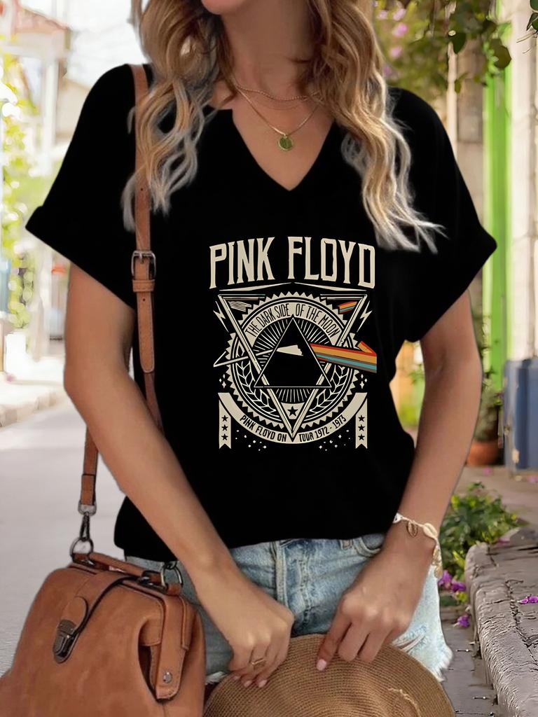 Damen V-Ausschnitt "Pink Floyd Dark Side of The Moon" Grafik-T-Shirt, Retro Rockband Print T-Shirt, Lässiges Kurzarm-Oberteil