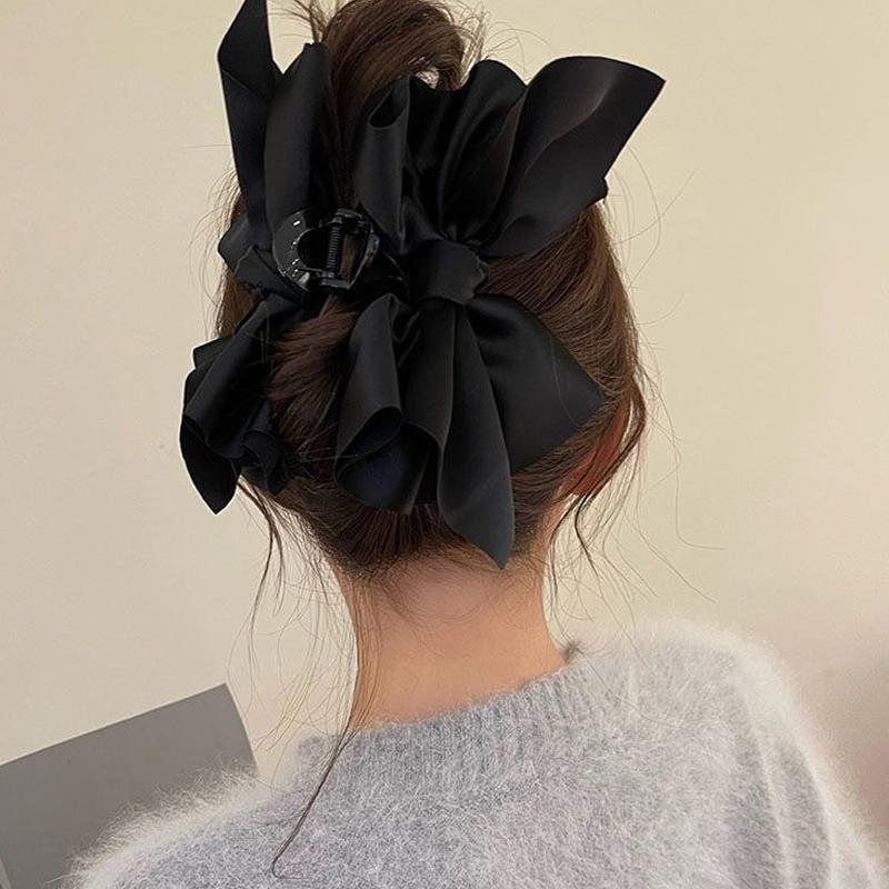 Oversized Black Satin Bow Clip High-End Hair Clip For Women'S Back Of The Head Shark Clip