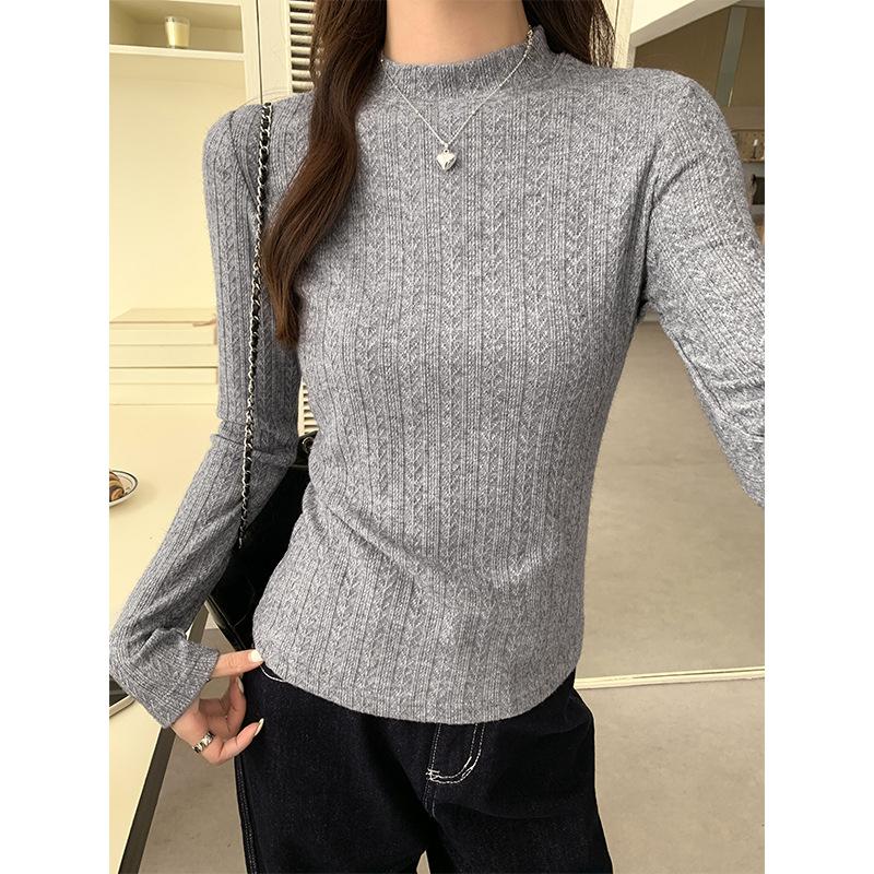 Gray Design Half-high Collar Long-sleeved Bottoming Shirt for Women, Autumn and Winter Style Inner Layering and Layering Slim Fit Top