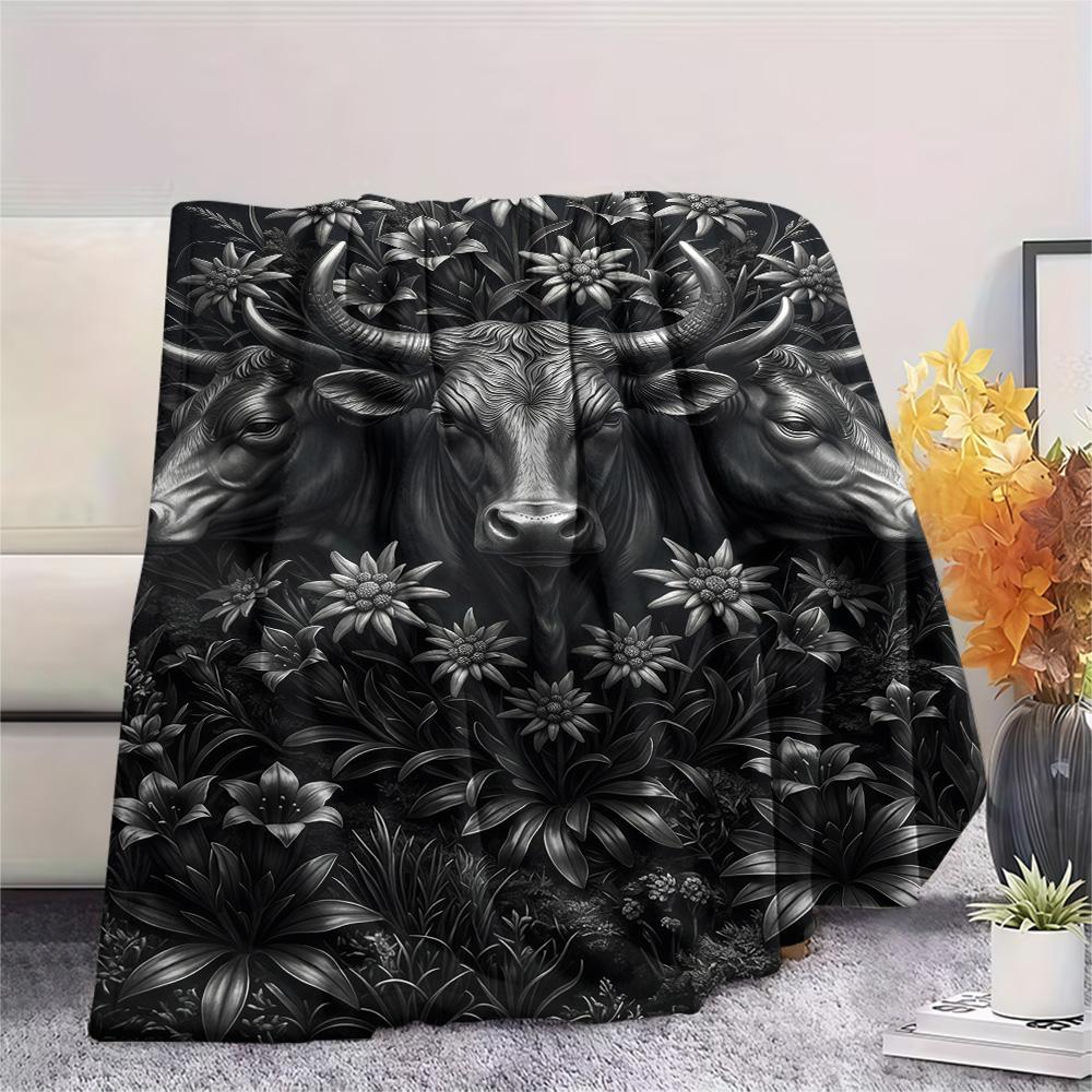1PC High Mountain Cattle Print FlAannel Blanket, High quality Comfortable for All Seasons, Home Decor, Warmth and Comfort