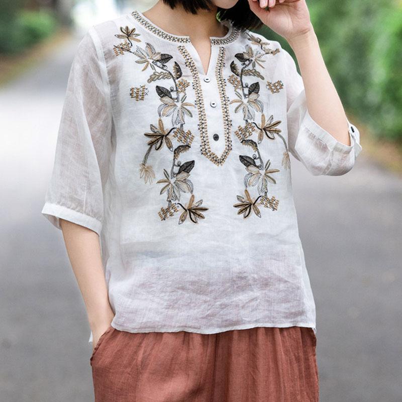 Women's Fashion Embroidery Spliced Solid Color V-Neck Shirt Summer Female Clothing New Vintage Loose Casual Half Sleeve Blouse