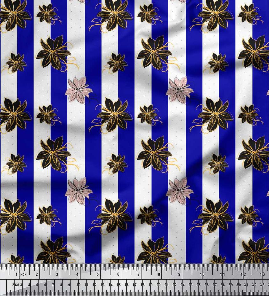 Soimoi Grey Japan Crepe Satin Fabric Stripe & Clematis Floral Print Sewing Fabric metre 42 Inch