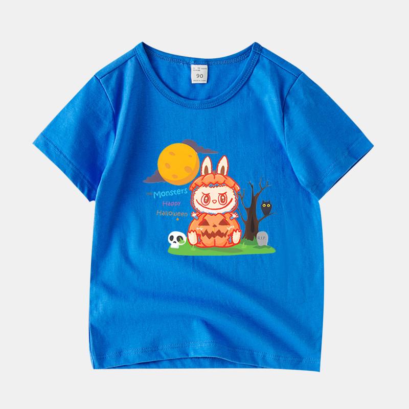 LABUBU Children's Short-sleeved T-shirt, 8 Colors, Comfortable T-shirt for Girls, Cute Cartoon Style,Halloween pumpkin LABUBU, Round Neck Top for Kids