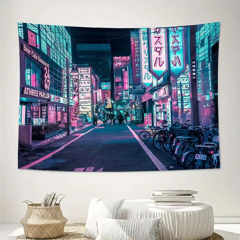 Vaporwave Japanese City Tapestry Cyberpunk Anime Backdrop Wall Hanging for Bedroom Gaming Room Home Decor