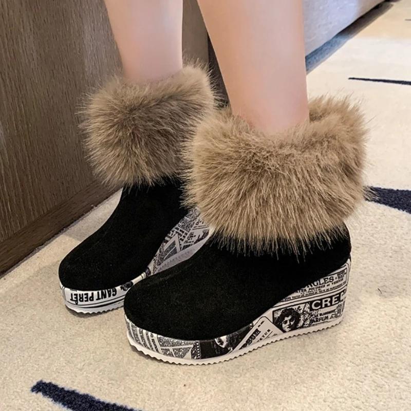Fashion Fur Women Wedges Platform Ankle Boots Fashion High Heels Shoes Designer 2025 Trend Winter New Snow Boots Party Pumps Botas Mujer