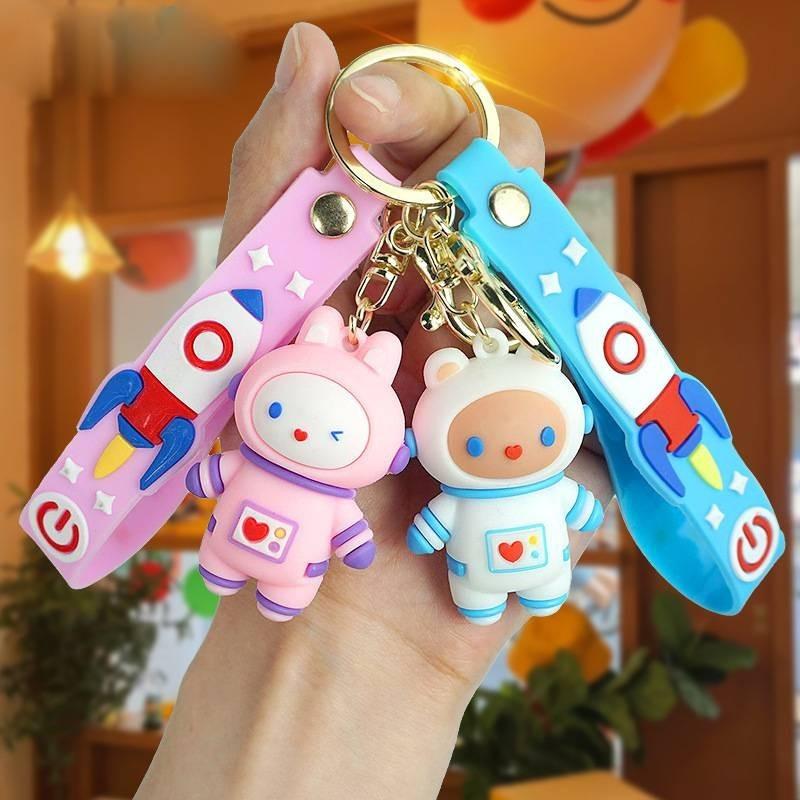 Stylish Cartoon Astronaut Bear Keychain Cute Rubber Key Accessory In Blue For Couples