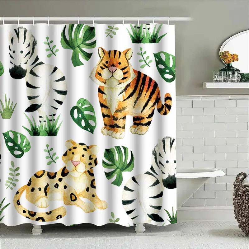 Wildlife Animal Print Shower Curtain With Green Leaves Black White Zebra Design For Bathroom Decor