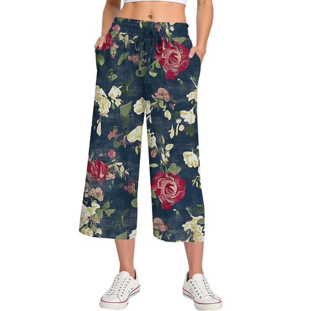 Damen Sommer Hohe Taille Bedruckte Freizeit-Sportbekleidung Lässige Cropped-Hose Weite Hose